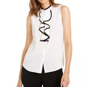 Calvin Klein White/Black Sleeveless Piped-Ruffle Blouse M